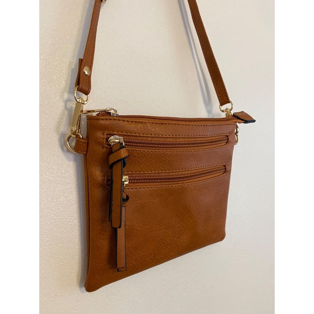 New! Small Tan Faux Leather Crossbody Purse With Adjustable Strap & Polka Dot In - Picture 2 of 6